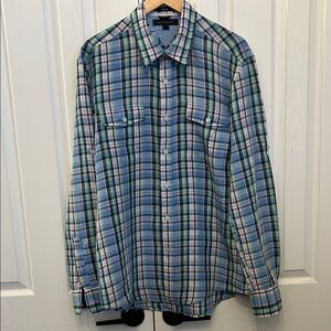 Vintage Tommy Hilfiger Multicolor Plaid Button Down Shirt 100% Linen Sz L